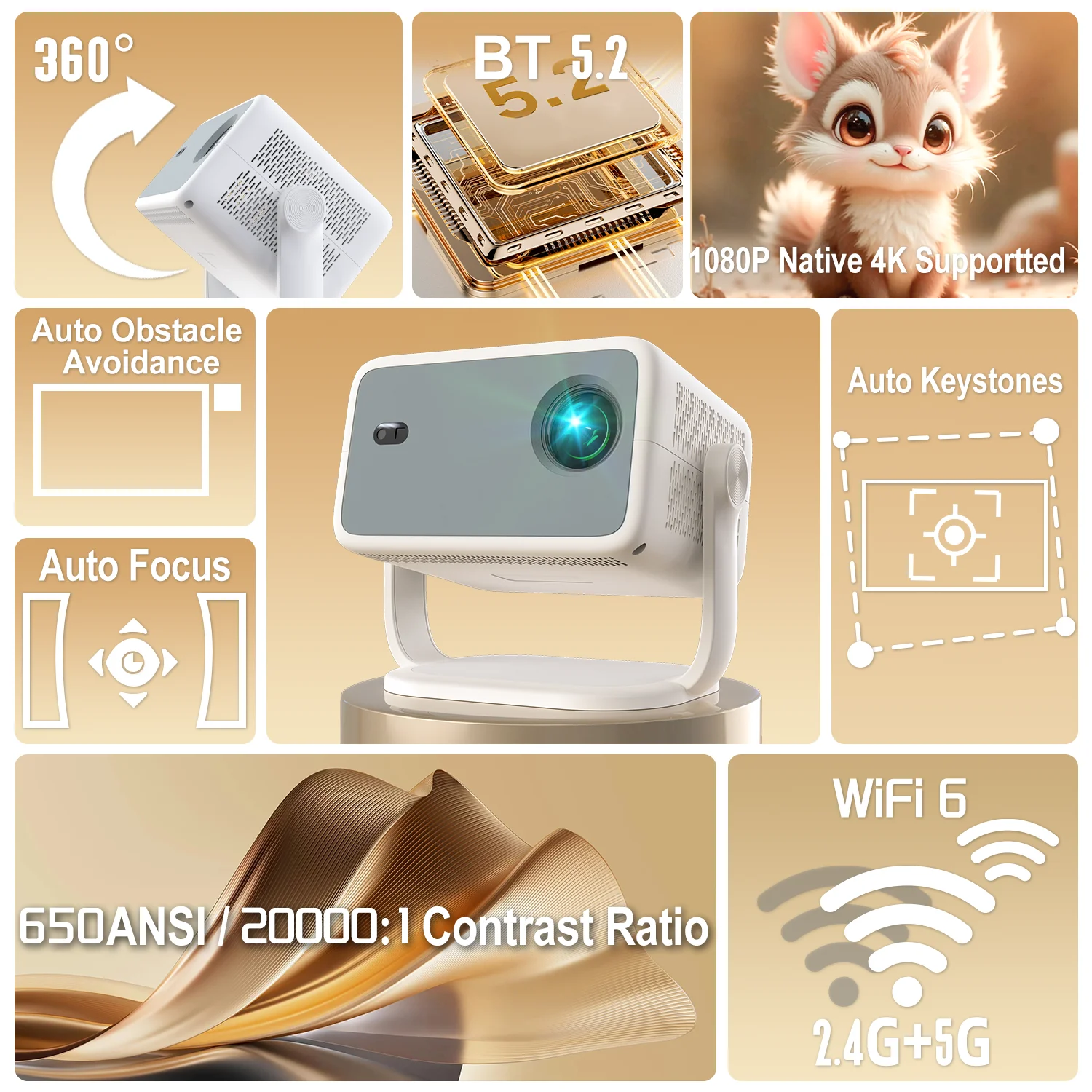 Proyector Velec Certificación Netflix 650ANSI Android 13 Portátil 4K Nativo Wifi6 BT5.2 1080P TP350 Corrección Keystone automática