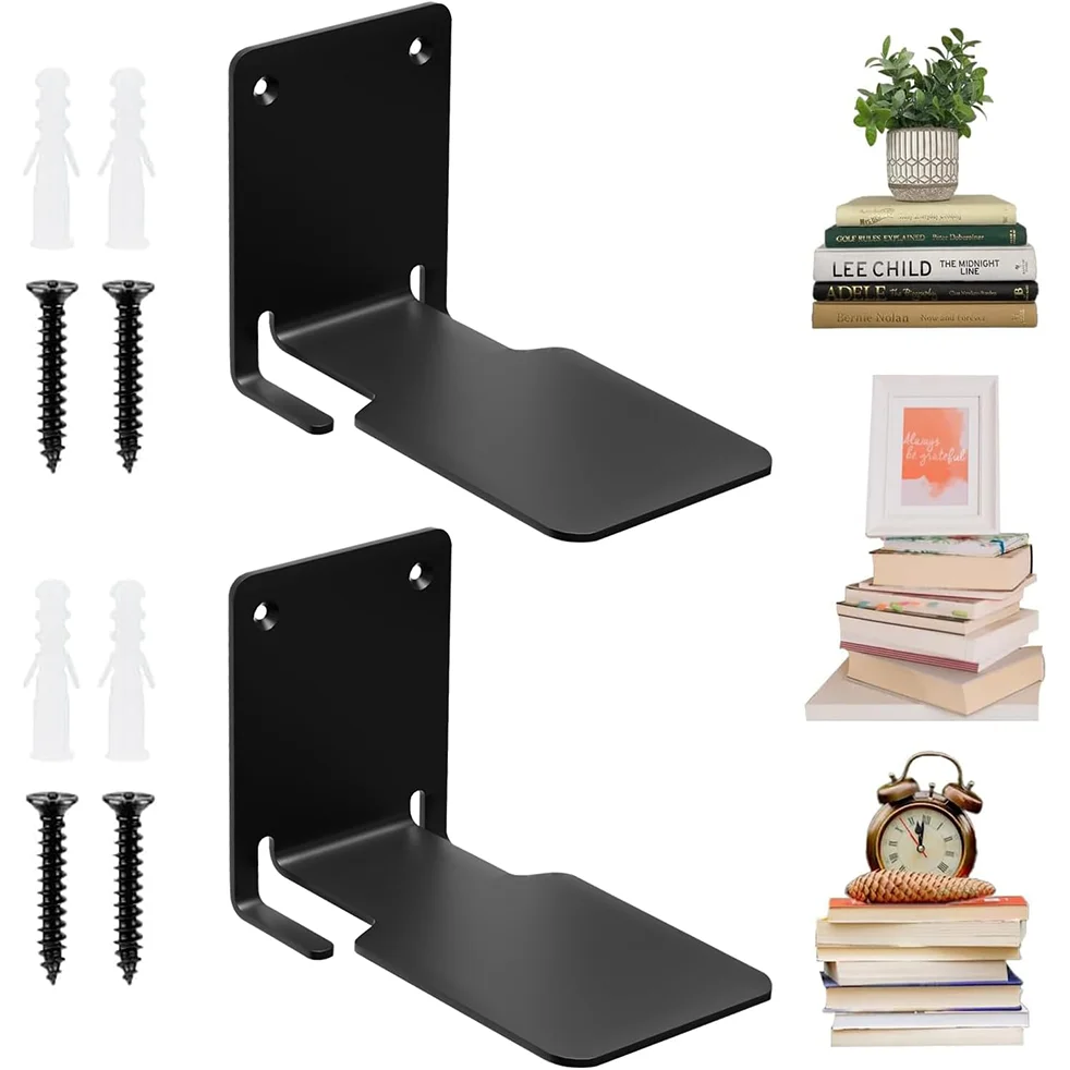 Un juego de dos estanterías flotantes invisibles, estanterías negras montadas en la pared, organizador de libros resistente, estanterías de hierro para cama