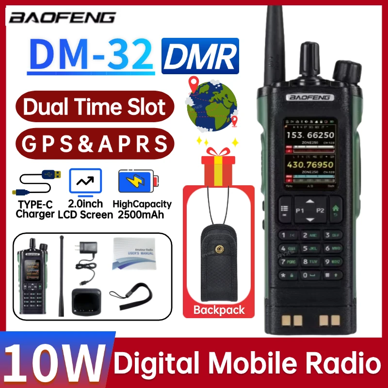 Baofeng Dm32 Uv Dmr Walkie Talkie Gps Aprs Texto Sms 8W Programación Grabación Frecuencia de escaneo inalámbrico Cargador tipo C