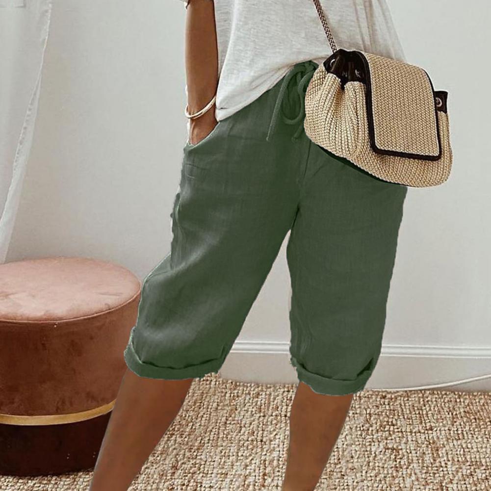 Calças de cintura elástica com bolsos para mulheres, estilo vintage, respirável, comprimento do joelho, cordão, calças sólidas