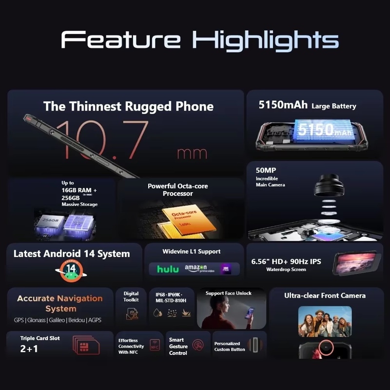 DOOGEE Blade 10 Pro(2024) mobile phone rugged Android 14 16GB + 256GB(2TB) mobile phone unbreakable 6.56 ''HD + Display 5150mAh