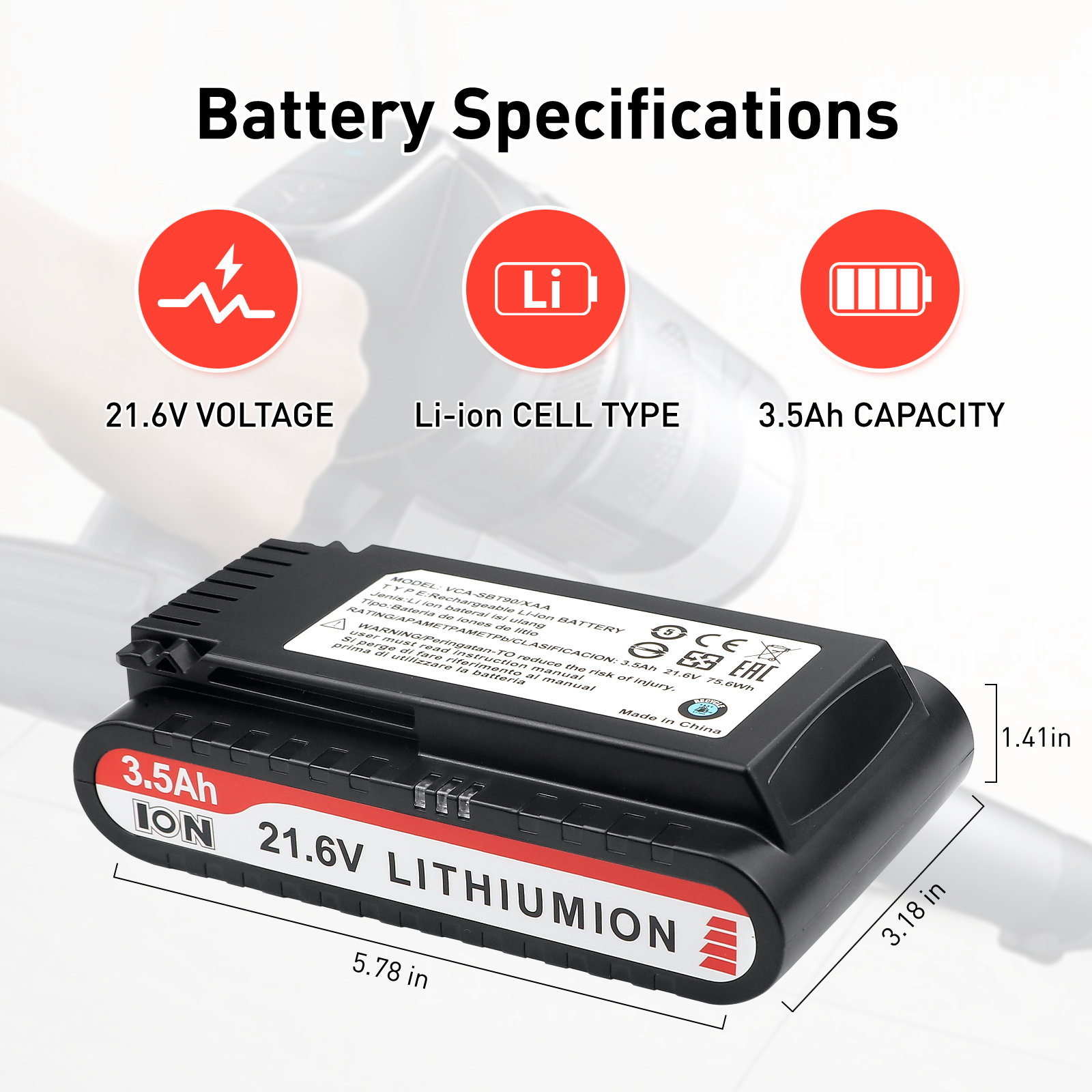 21.6V 3500mAh Replacement Vacuum Cleaner Li-ion Battery for Samsung Jet 90/Jet 75 Pet/Jet 75 Cordless Stick Vacuum VCA-SBT90/XAA