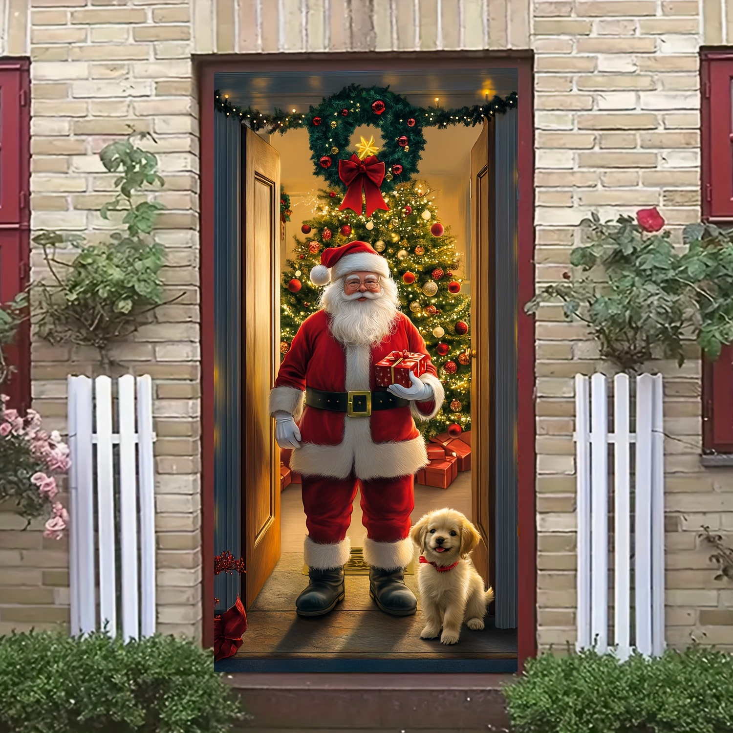Santa Claus & Christmas Tree Door Cover - 35.4x70.8" Festive Holiday Decoration, Versatile Hanging for Entrance and Room