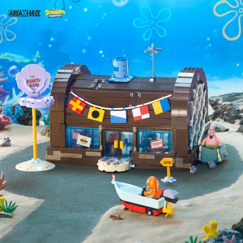 Bloc de construction Bob l'éponge, dessin animé Krusty Krab, modèle de scène de restaurant créatif, jouet d'assemblage Patrick Star, cadeau d'anniversaire pour enfants