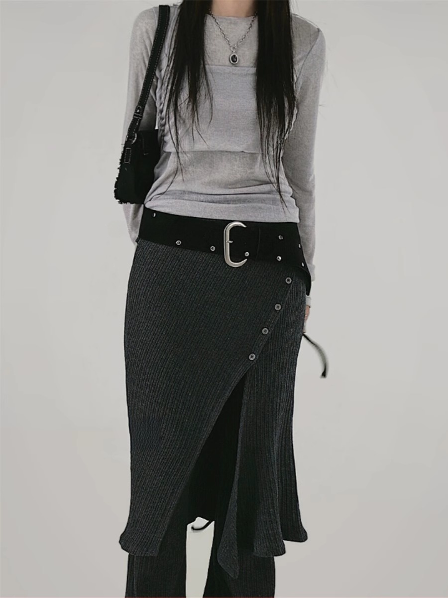 ストリートスタイルニットカジュアルハイウエストバイカラーハーフレングススカートパンツ2点セットボタンディテールとタッセルトリム付き