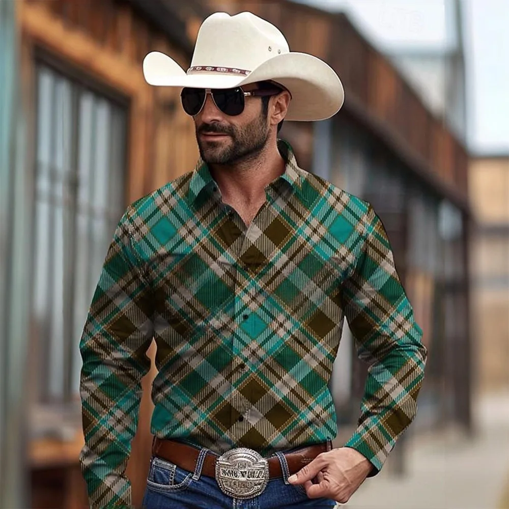 Camisa vaquera occidental Yellowstone para hombre, patrón de retazos de dos tonos, top con botones enrollables, camisa informal elegante de manga larga