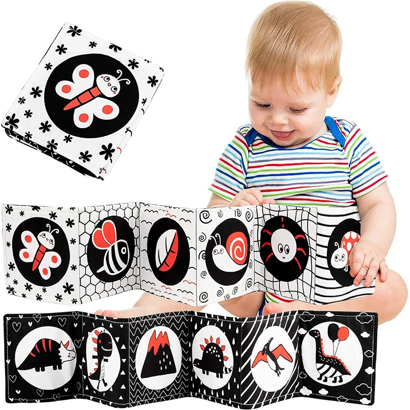 Libro de tela suave para bebé, juguetes sensoriales de alto contraste en blanco y negro, Educación Temprana, libro de tela de actividades sensoriales para bebés