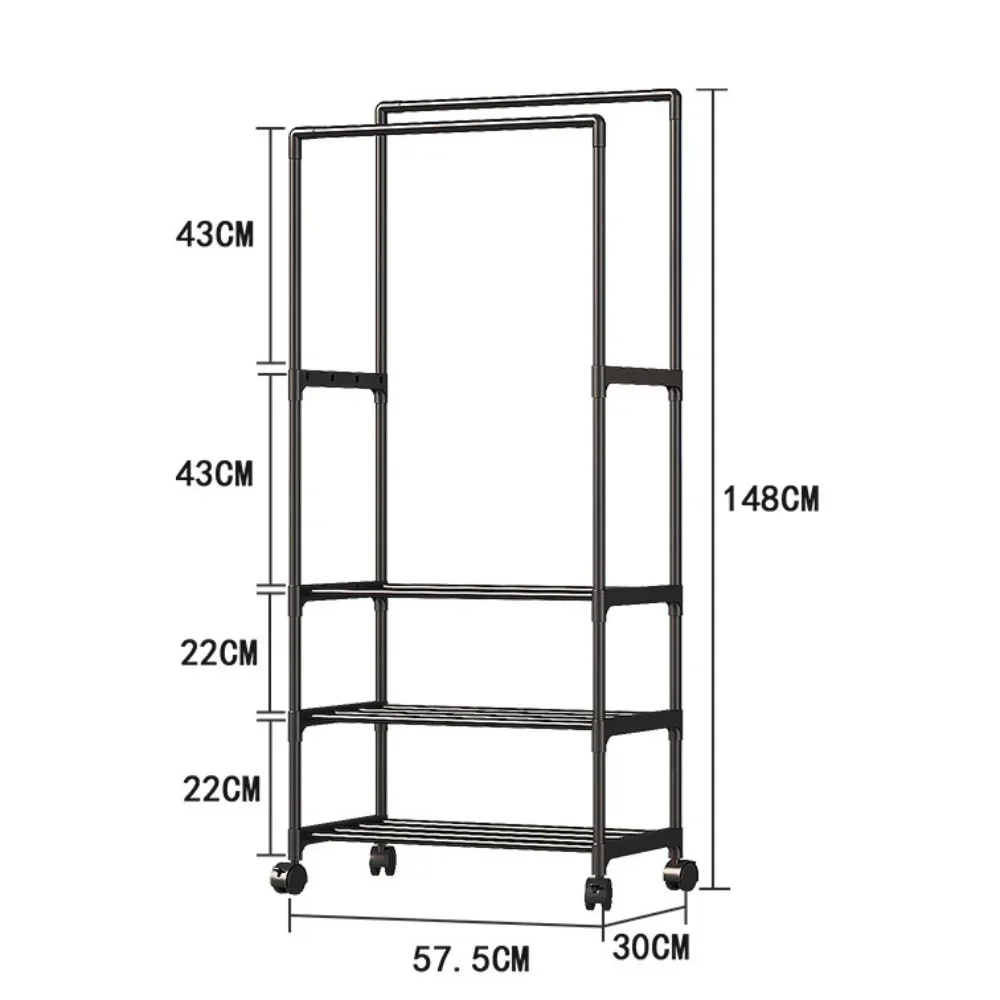 Double Pole Coat Rack Movable Clothes Storage Racks Multi Functional Clothing Hanger Shelves with Wheels Bedroom Stand Wardrobe