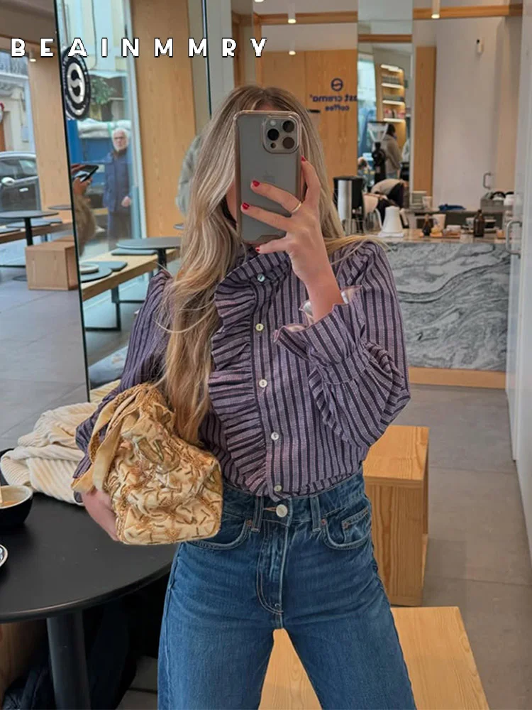 Casual Women Stripe Stand Collar Shirts Fashion Single Breasted Flounce Long Sleeve Chic Tops 2025 Spring Female Street Shirts