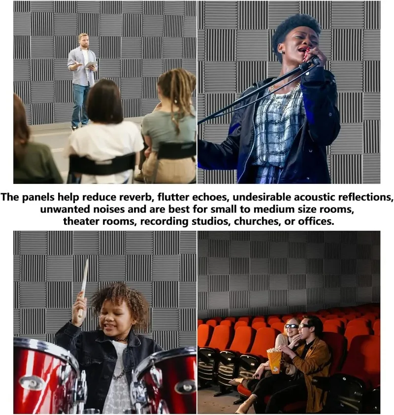 Studio Acoustic Foam Panels Wedges Sound Proofing Sponge Absorbing Noise Blocker Wall Panels Tiles Gray