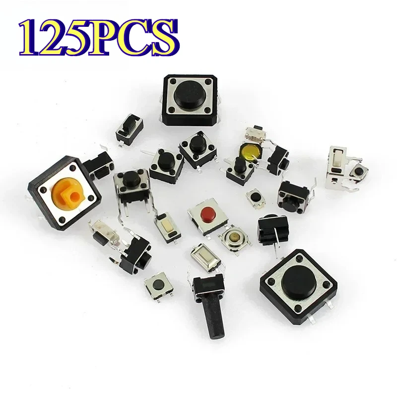 125Pcs 25Types Micro Switch Push Button Tact Switches Reset SMD DIP 2x4 3x6 4x4 6x6 DIY Assorted Kit for Electronics Projects