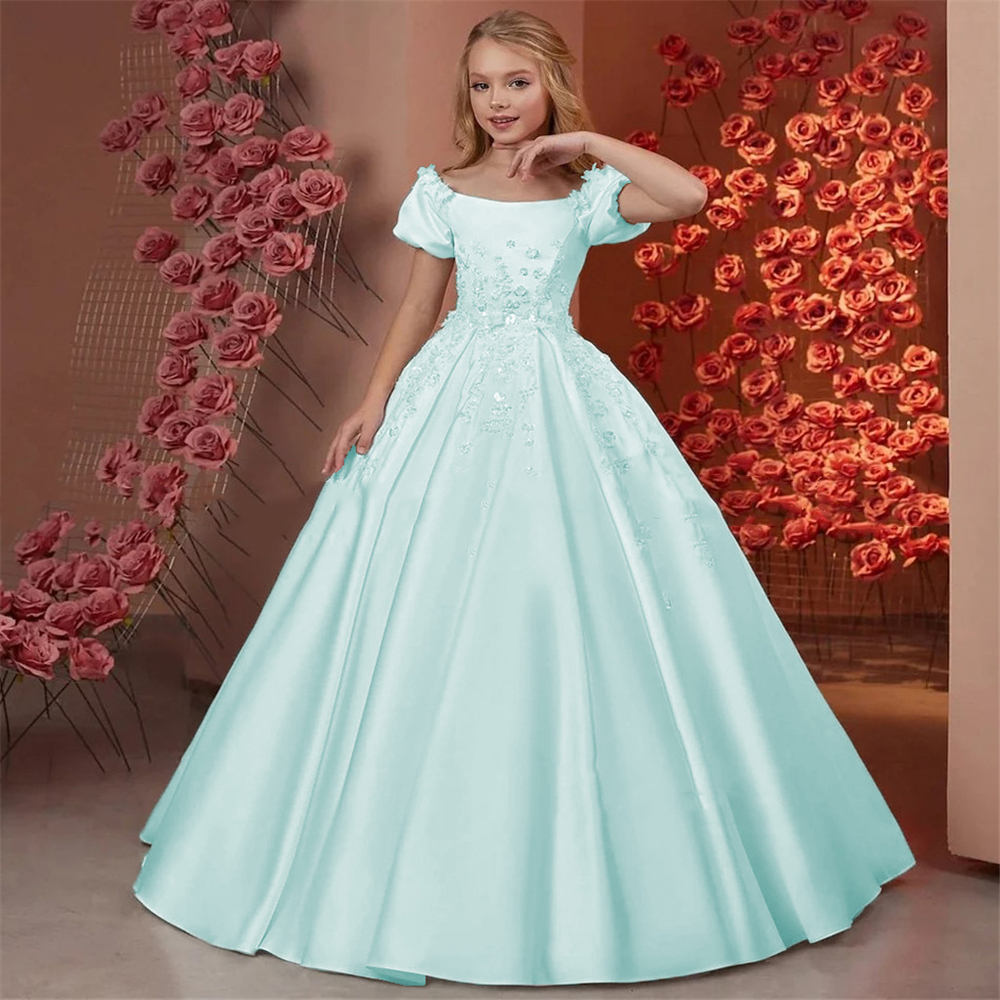 Elegante Blumenmädchenkleider für die Hochzeit, Satin, Perlen, Blumenmuster, bodenlang, für Mädchen, Kindergeburtstag, Erstkommunion