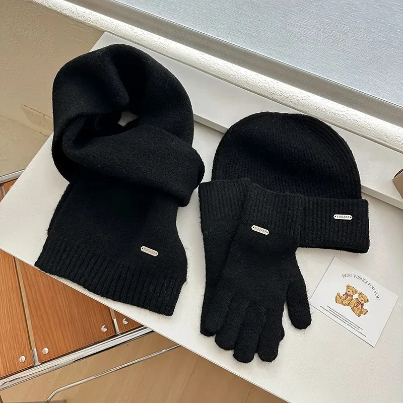 Gorro de punto, bufanda, guantes, conjunto de tres piezas, lana de color sólido, gorro cálido y versátil para otoño e invierno, bufanda informal a prueba de viento