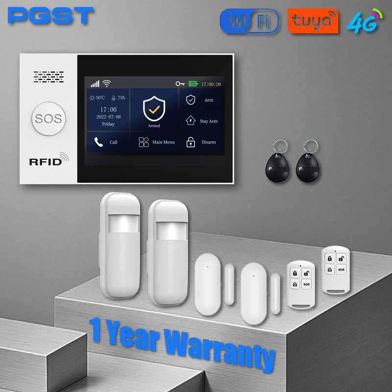 PGST WiFi 4G Tuya Smart Life Kit de sistema de seguridad de alarma de casa Alexa alarma de automatización del hogar protección de seguridad Sensor de movimiento de puerta