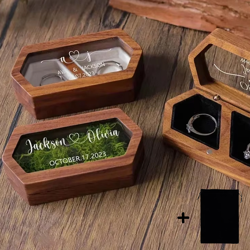Caja de anillo de madera de nogal personalizada gratuita, soporte de compromiso y boda grabado, regalo para parejas, novias y novios
