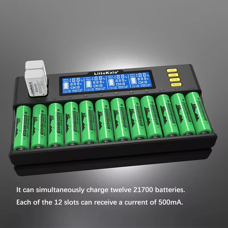 LiitoKala LiI-S12 slimme oplader 14 slots - CE-gecertificeerde universele oplader voor Li-ion/LiFePO4/Ni-MH/9V-batterijen 18650, 26650, AA