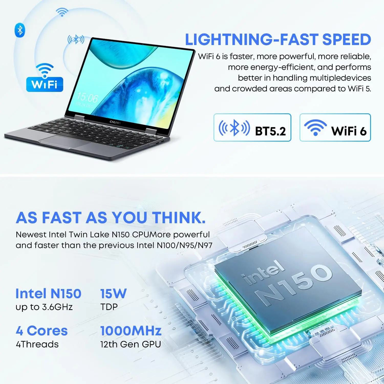 CHUWI 미니북 X 2-in-1 노트북 인텔 N150(최대 3.6GHz) 512GB ROM 12GB/16GB LPDDR5 10.51인치 2K FHD IPS 윈도우 11 노트북
