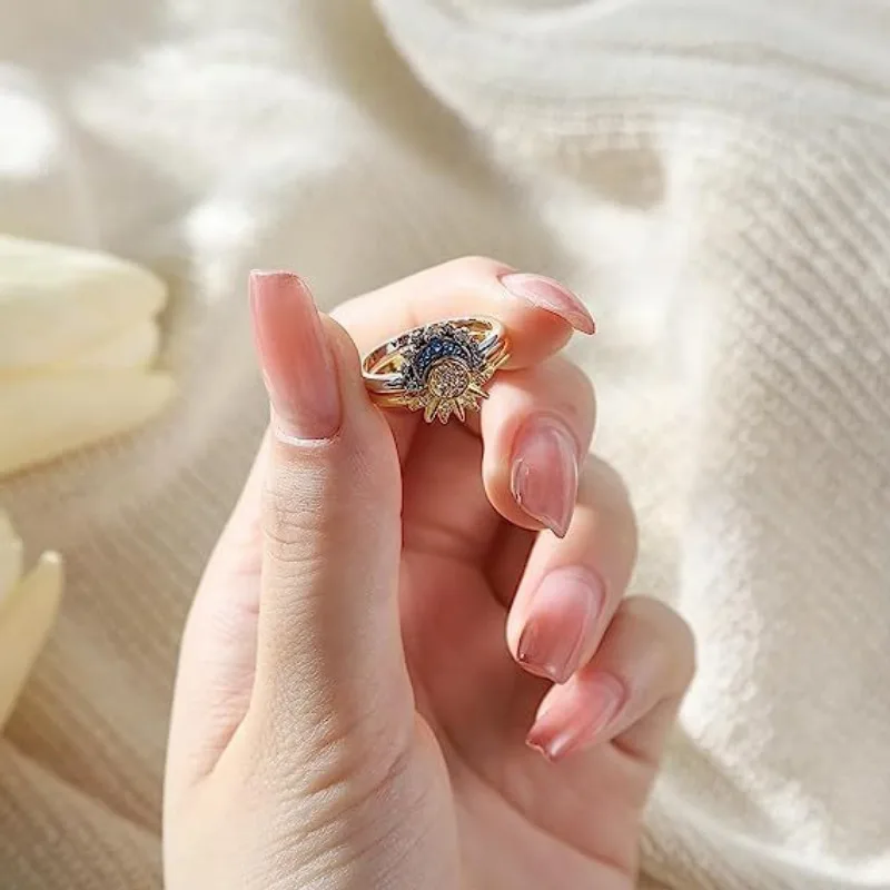 2 ピース/セット夏のカップルリングセットスカイブルースパークリング月と太陽リング 2023 新しい女性の積み重ね可能な指セット婚約ジュエリー