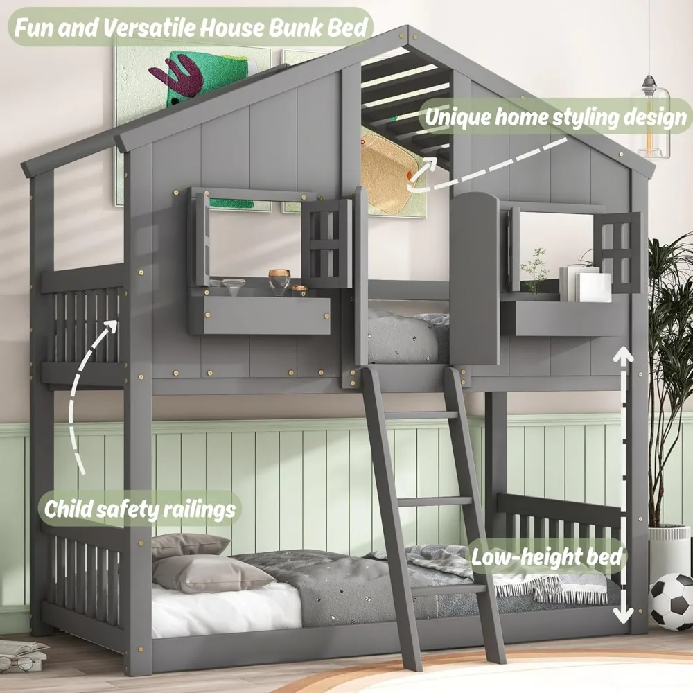 House Bunk Bed Twin Over Twin for Kids, Wood Bunk Beds, Floor Bunks Beds with Ladder and Guard Rails for Girls Boys,Grey