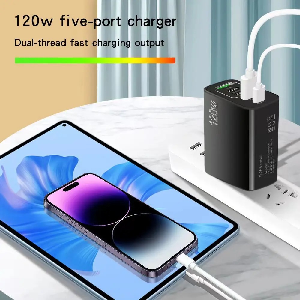 Totaal 120 W USB Type C Oplader 5 Poorten Snel Opladen Mobiele Telefoon Muur Adapter EU/US/UK Plug Voor iPhone 16 Samsung Xiaomi Huawei