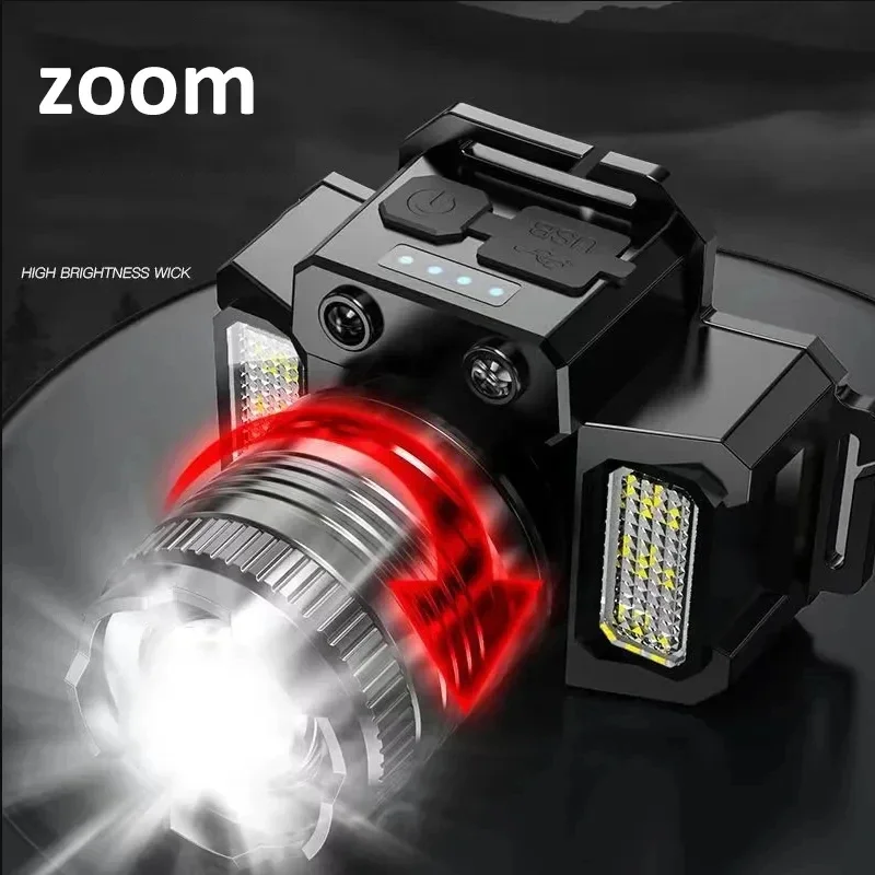 Wiederaufladbare Stirnlampe 1800 mAh Superhelle Taschenlampe T51 Induktions-LED-Scheinwerfer Wasserdicht Camping Mobile Power Bank blinkt