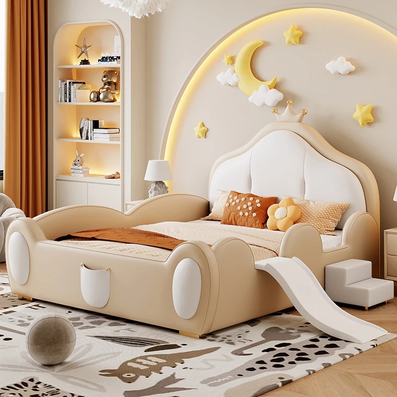 Children's Guardrail Princess Bed Soft Package Guardrail Bed Modern Simple 1.35 M Single with Slide Baby Beds Camas Para Niños