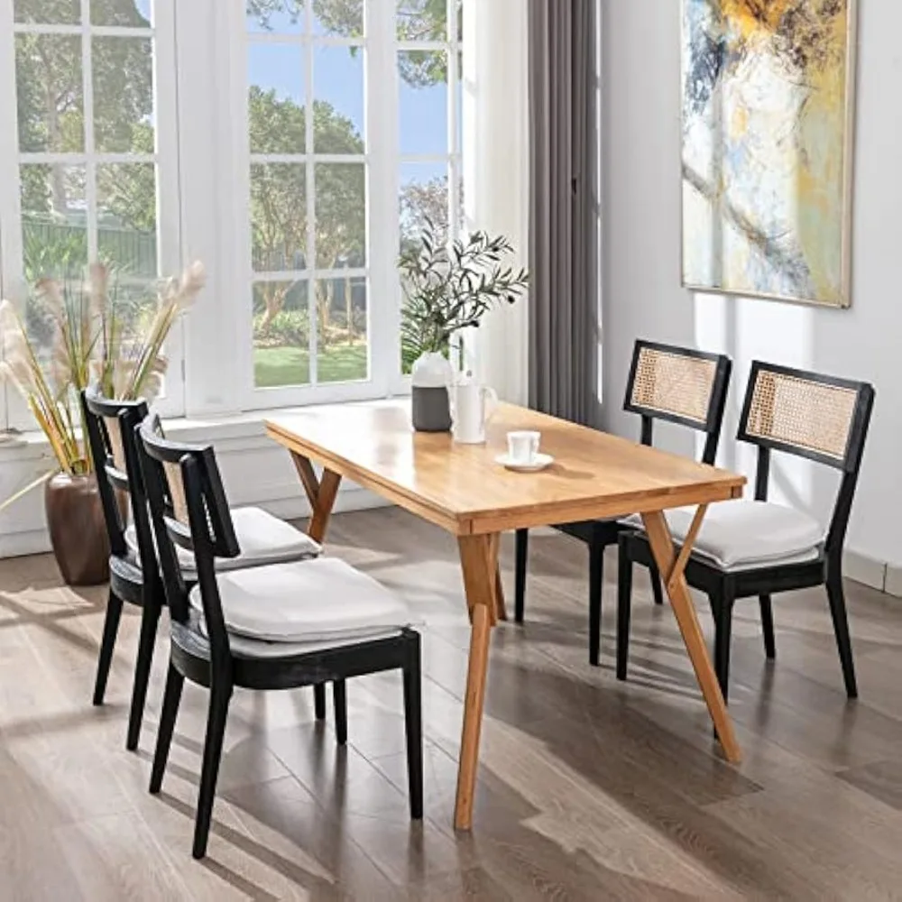 Black Rattan Dining Chairs Set of 4, Farmhouse Cane Back Kitchen Chairs with Removable Linen Upholstery Side Chairs