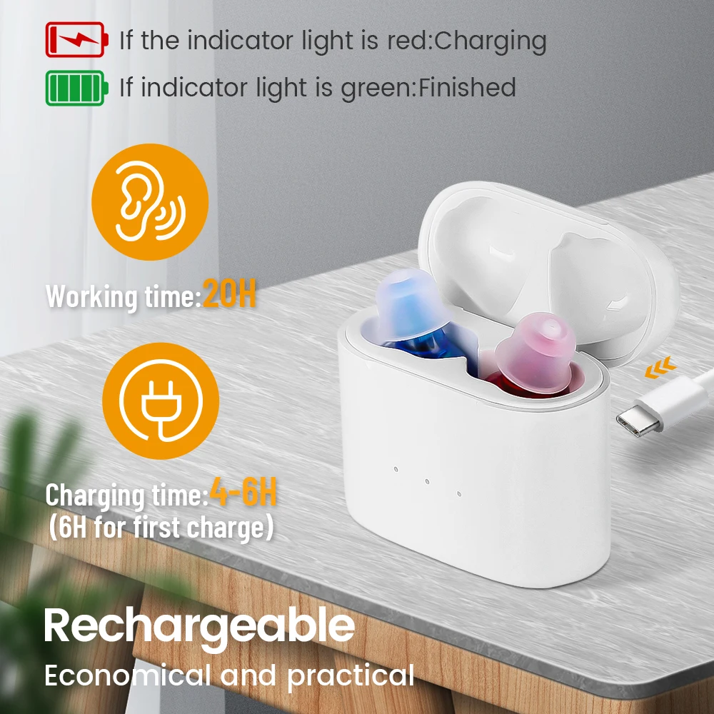 เครื่องช่วยฟังผู้สูงอายุแบบชาร์จไฟได้ ITE หูหนวกอุปกรณ์ฟัง Mini Wireless Sound Amplifier เครื่องช่วยฟังที่มองไม่เห็นหูฟัง