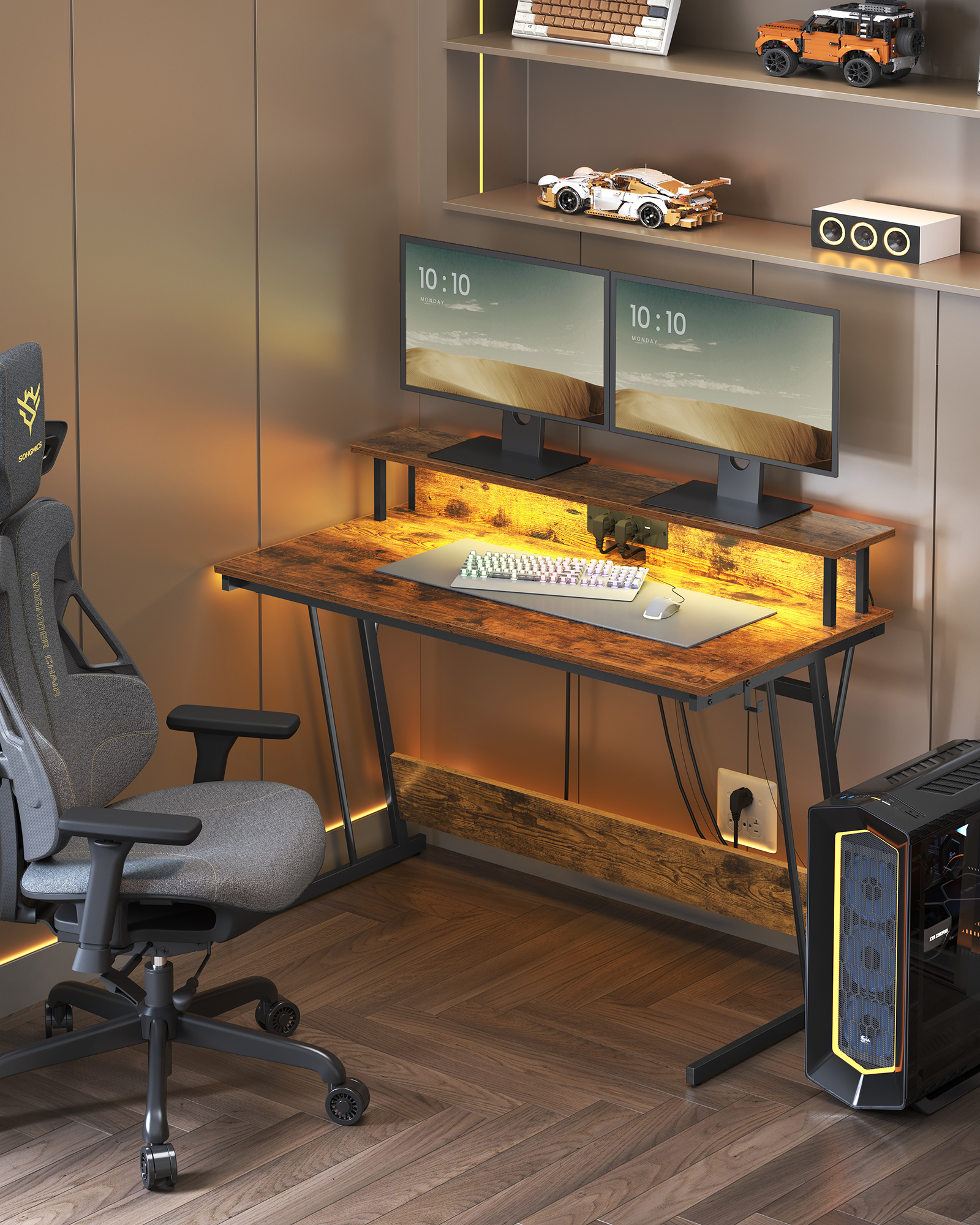 VASAGLE Schreibtisch, mit eingebauter Steckdosenleiste,LED-Beleuchtung