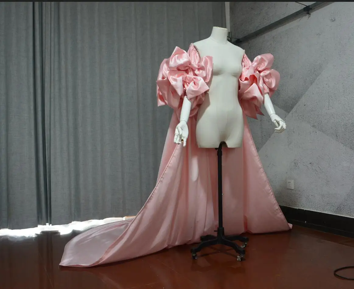 Pink Satin Fashion Bow Cap With Long Train Sleeve Hang Big Detachable Access Bow custom size