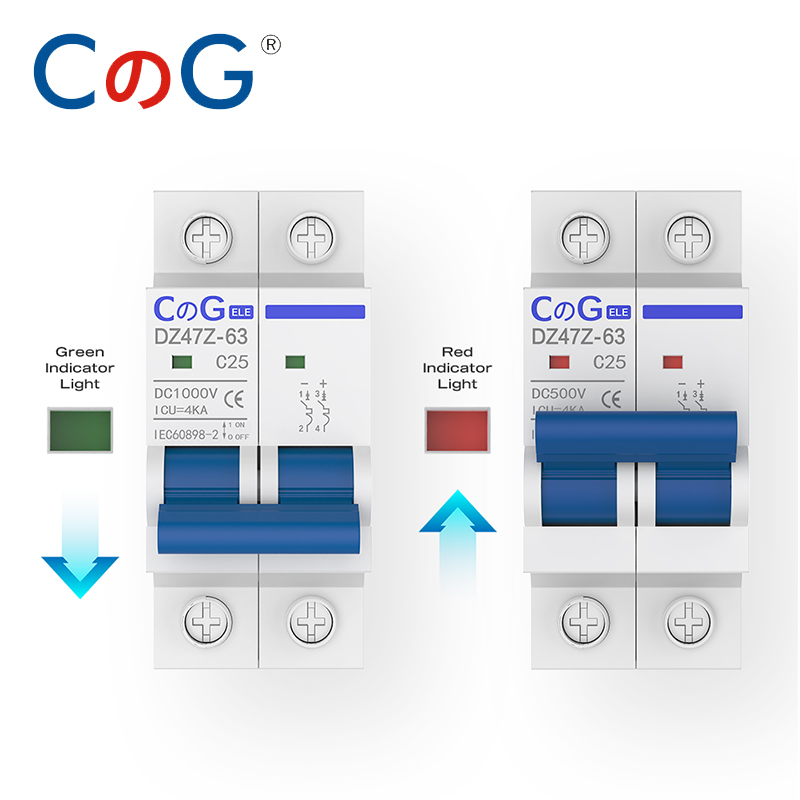 CG 2P MCB 10A 16A 20A 25A 32A 40A50A63A Disjuntor DZ47Z 500V/1000V Interruptor de desconexão DC para montagem em trilho Din para sistema solar fotovoltaico