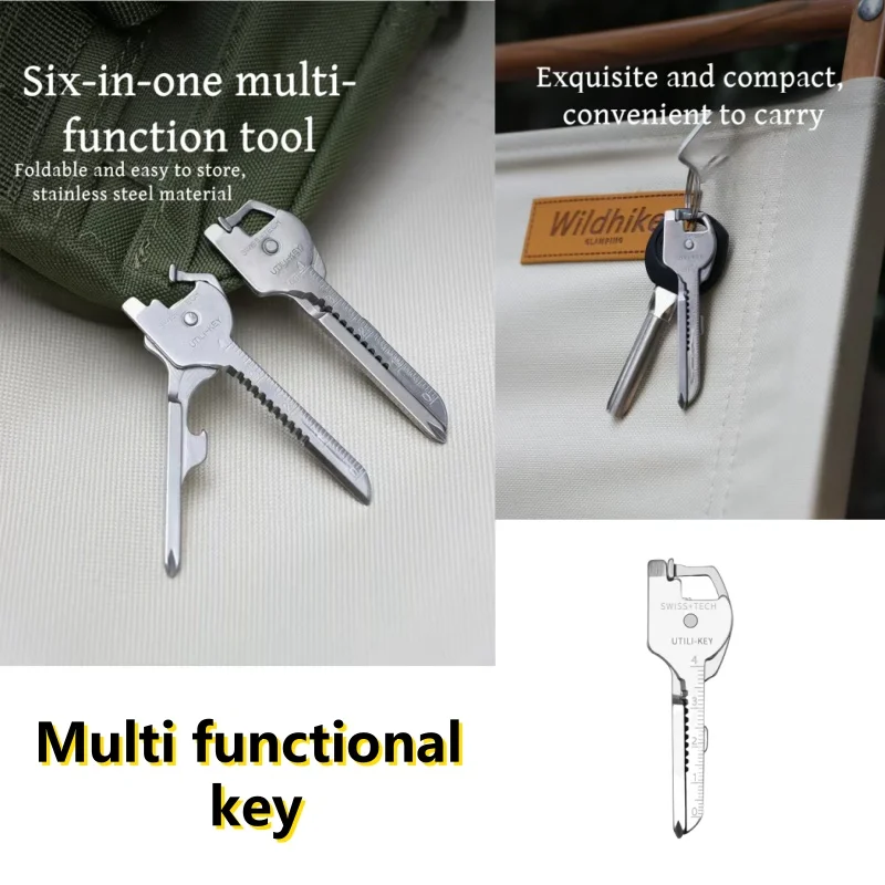 Portachiavi multiutensile EDC 6 in 1 |   Cacciavite pieghevole e apribottiglie |   Pinza di sopravvivenza compatta per campeggio e attività all'aperto
