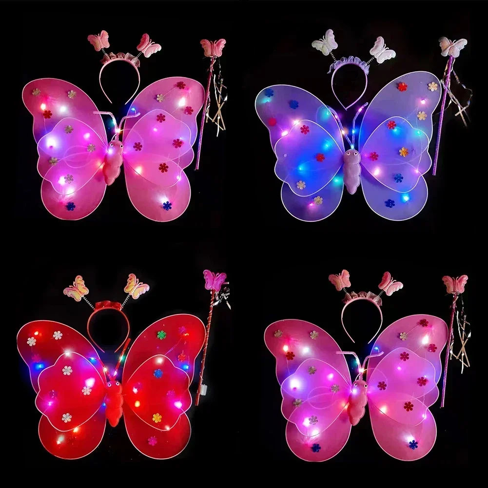 3/4ชิ้น/เซ็ต LED เด็กผู้หญิงสองชั้นสะท้อนแสงนางฟ้าผีเสื้อปีกไม้กายสิทธิ์ตกแต่งฮาโลวีนของขวัญของเล่น