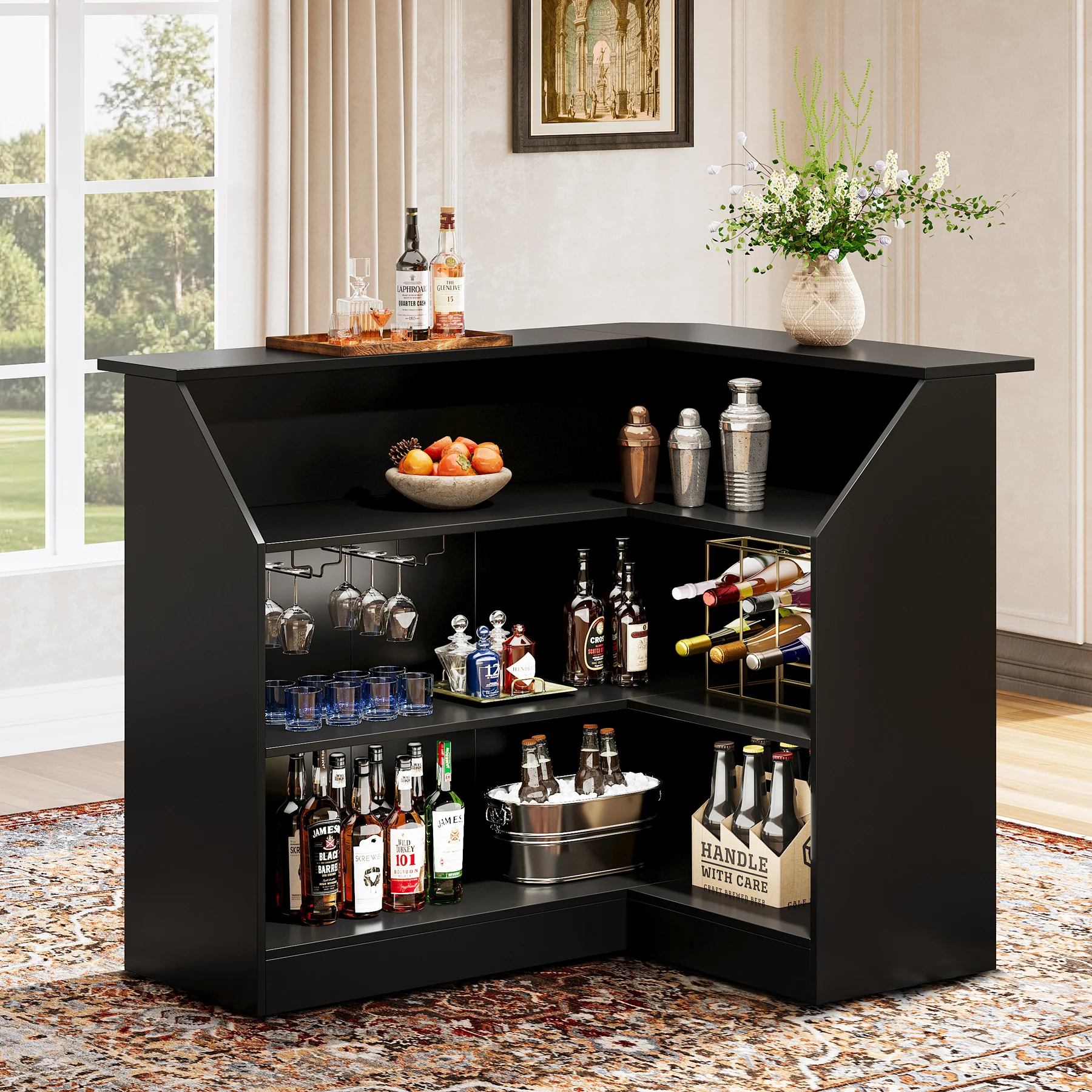 Tribesigns L-Shaped Bar Cabinet, 4-Tier Corner Bar Unit with Stemware Racks, Black