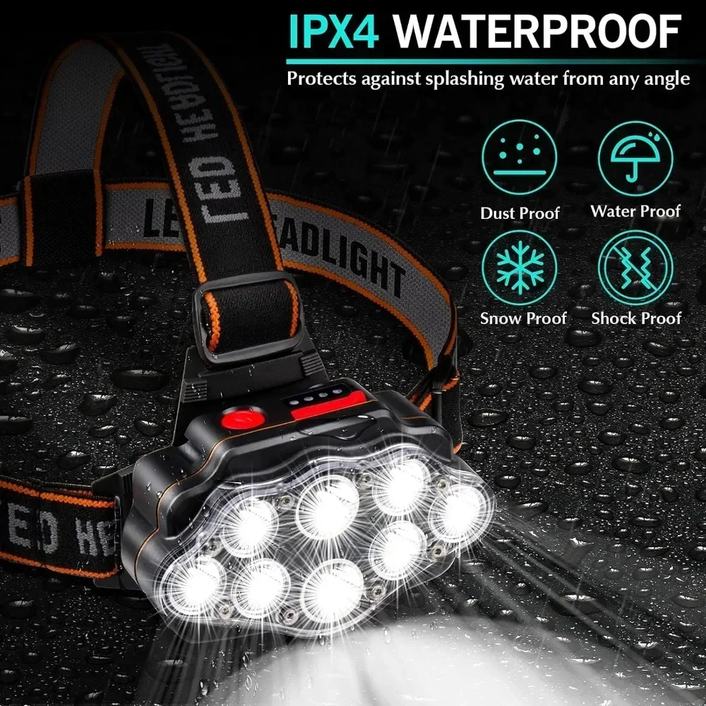 Torcia frontale ricaricabile potente da 8 LED per la pesca Lampada frontale a LED Fari da campeggio Torcia da caccia Escursionismo Lanterne anteriori