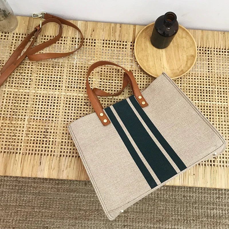 Simple Canvas Stripe Decor กระเป๋าถือผู้หญิง Top Handle Tote กระเป๋าขนาดใหญ่ความจุลําลองไหล่กระเป๋า Crossbody