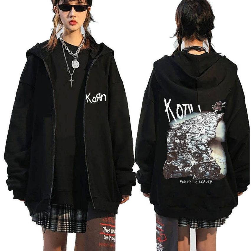 Korn Rock Band Ftl 25 리더를 따르십시오 지퍼 까마귀 남성 여성 고딕 캐주얼 지퍼 업 후드 남성 빈티지 그래픽 지퍼 업 자켓