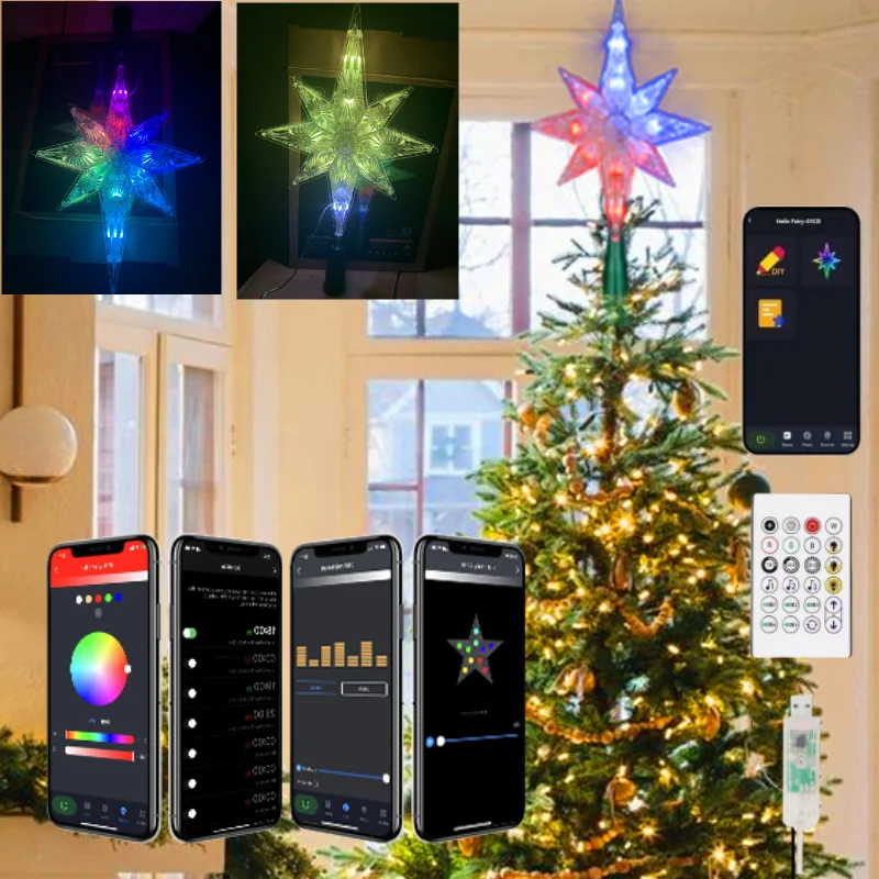 Weihnachtsbaumspitze Neujahr Dekor Smart APP Remote Music Sync Control RGB Farbe Doppelschicht Stern Weihnachtsbaum Stern Dekor Lichter