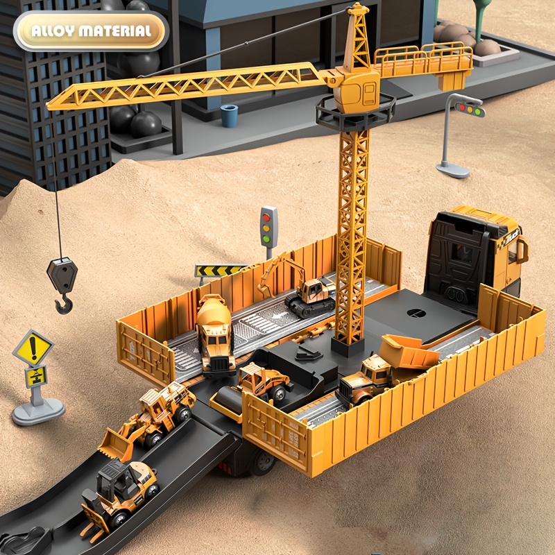Caminhões de construção de liga, brinquedos de veículos para crianças, sons de efeitos de luzes, guindaste de recipiente, caminhões de escavadeira, misturador de cimento