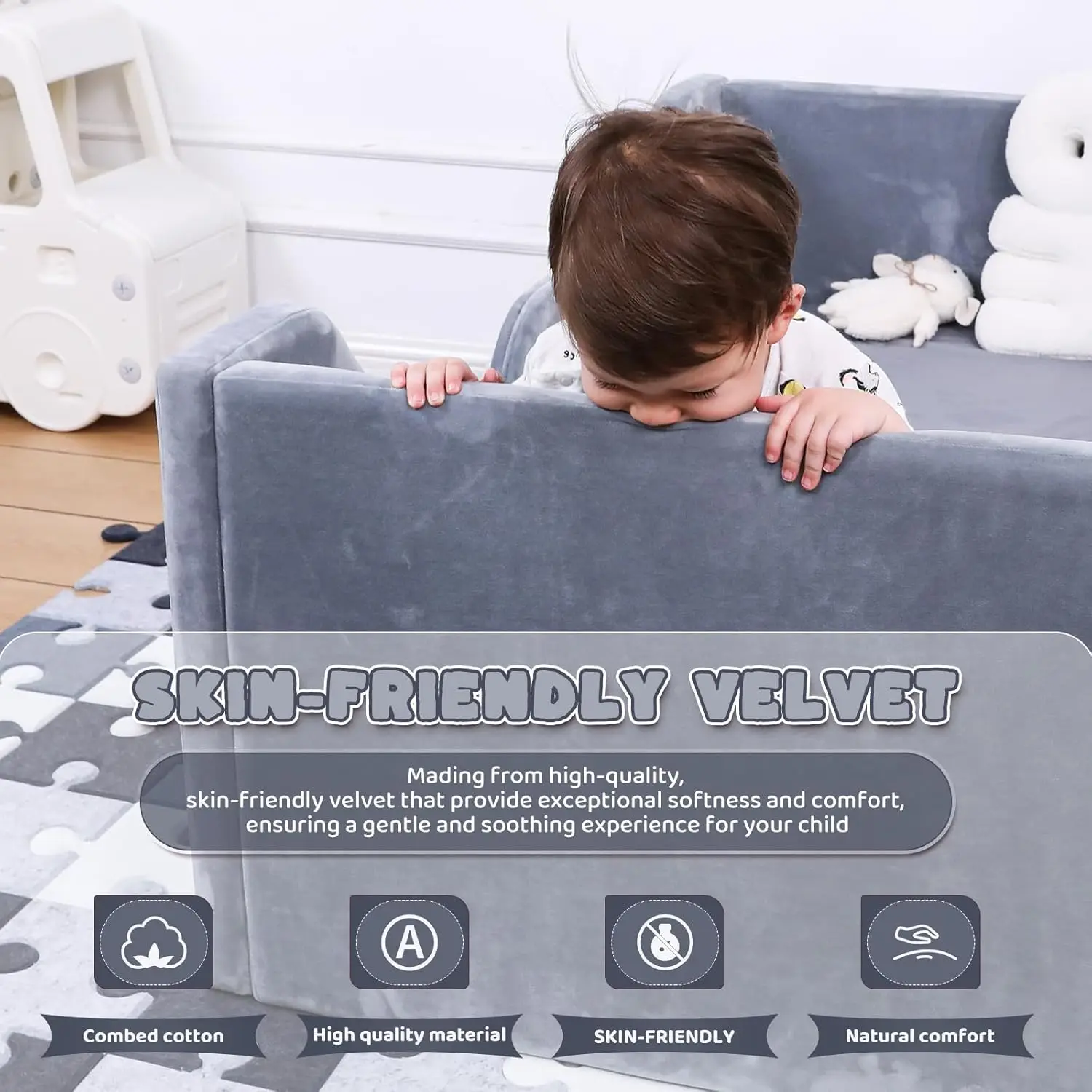 with Rail and Round headbroad, Standard Crib Size Toddler Bed for Children 18 Months to 6 Years, Upholstered Toddler Floor Bed