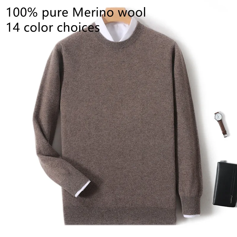 2025 Herren-Rundhalspullover aus 100 % reiner Merinowolle, einfarbig, Übergröße, lässiger Pullover, Herbst- und Wintersport-Kaschmir-Oberteil