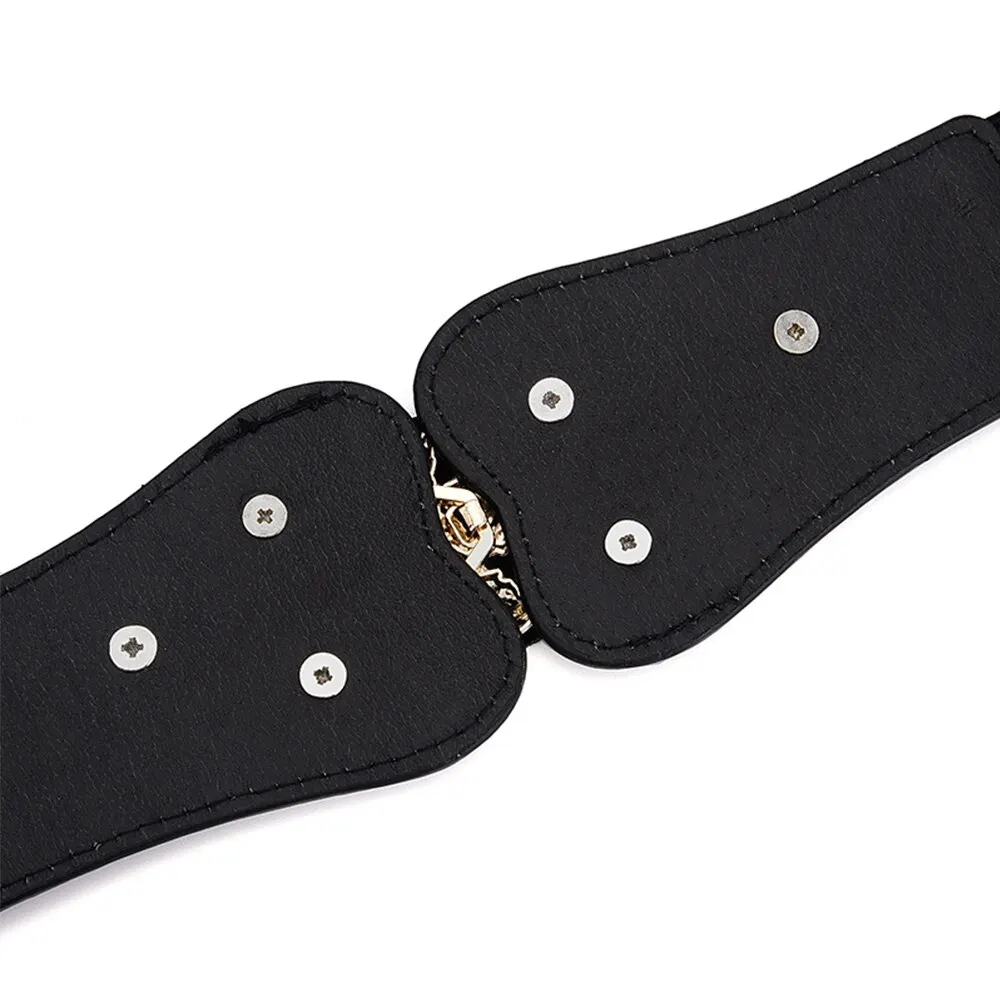 Funda de cintura para mujer, cierre de cintura elástico de hoja dorada a la moda con hebilla de doble gancho, cinturón ancho combinado con falda, cinturón para mujer