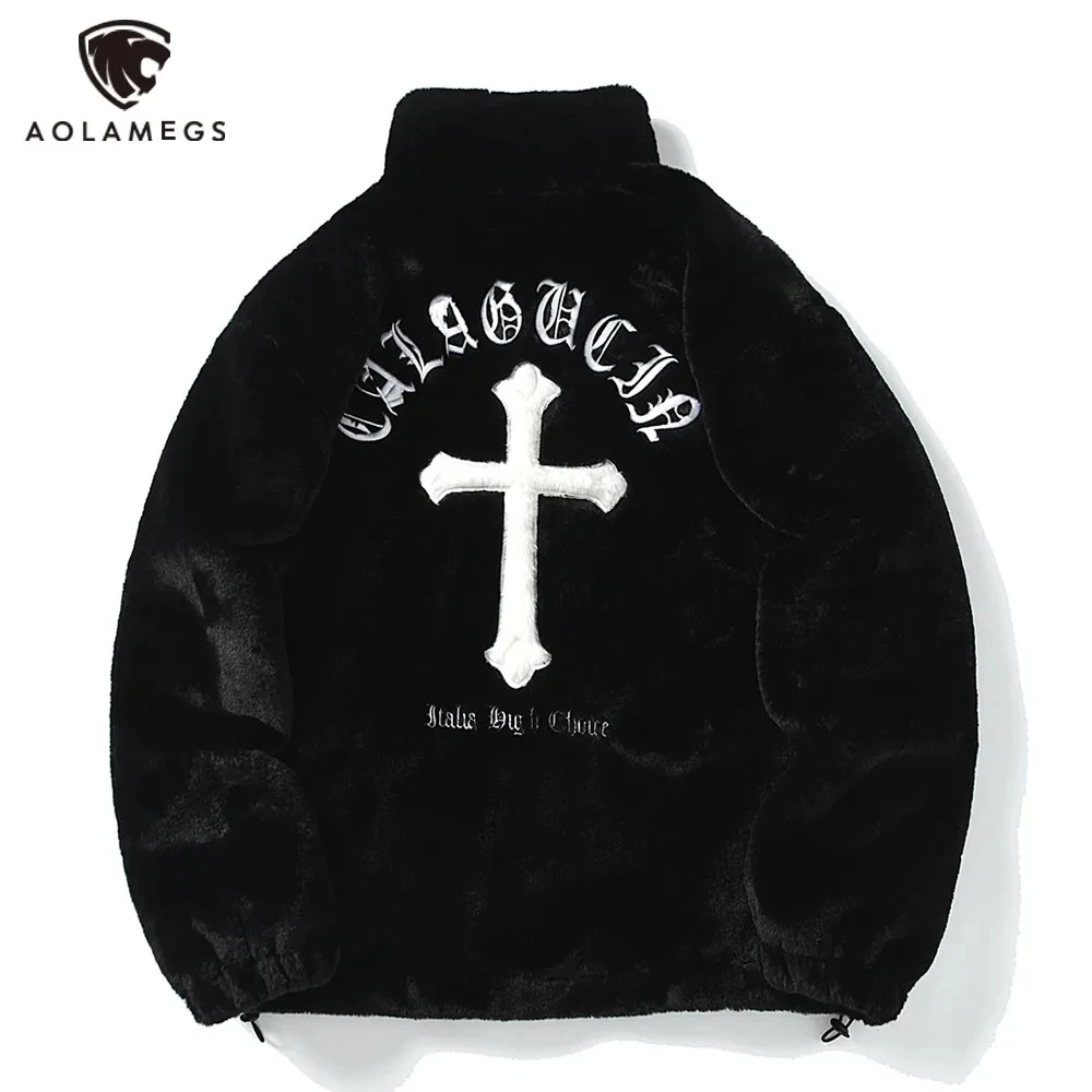 Homens jaqueta de pele de coelho casacos hip hop cruz letras inverno jaqueta de lã streetwear casual harajuku casaco zip up moda outerwear