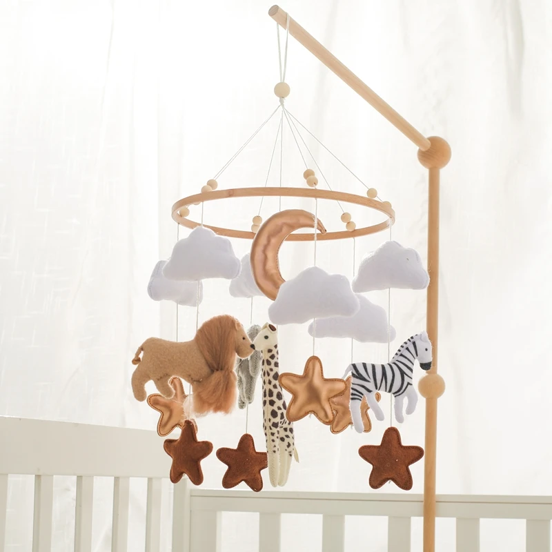 Baby Crib Mobile Bed Bell Wooden Rattles Toys Soft Felt Cartoon Animal Toddler Music Rattles Hanging Toys Crib Bracket Baby Gift