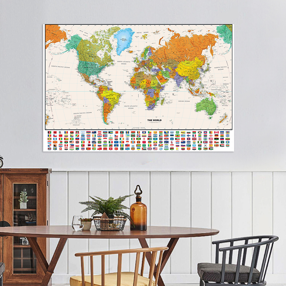 Mapa del mundo, pintura de 150x100cm, póster artístico de pared, tela no tejida, suministros educativos para niños, decoración, cuadro colgante decorativo