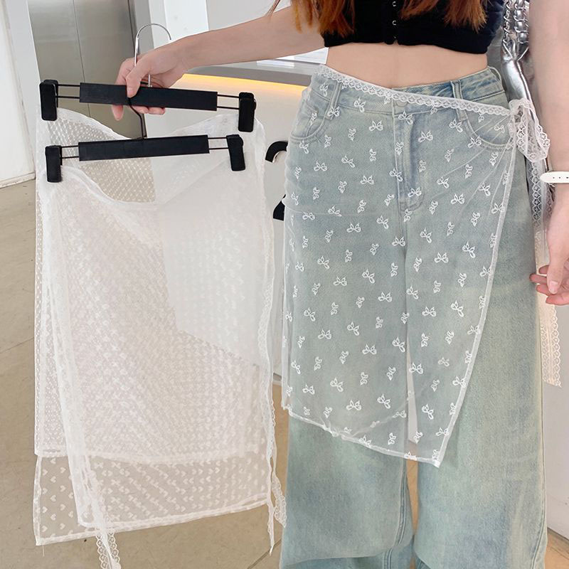 Falda de gasa en capas de encaje con lazo para mujer, vestido Vintage con estampado de lazo transparente, correa de encaje, vendaje de una pieza, cortina de vestido de tul
