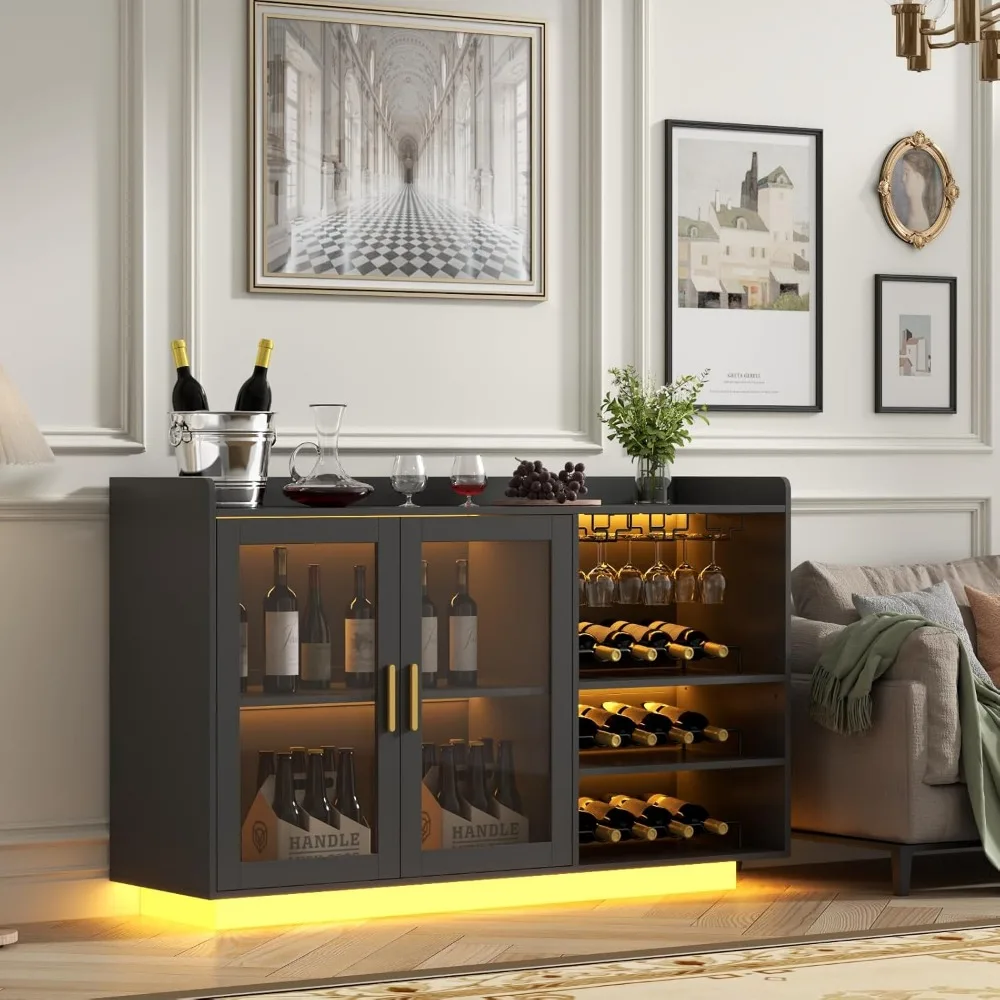 Wine Bar Cabinet with LED Lights, Floating Coffee Bar with Glass Rack and Removable Wine Racks, Modern Buffet Sideboard