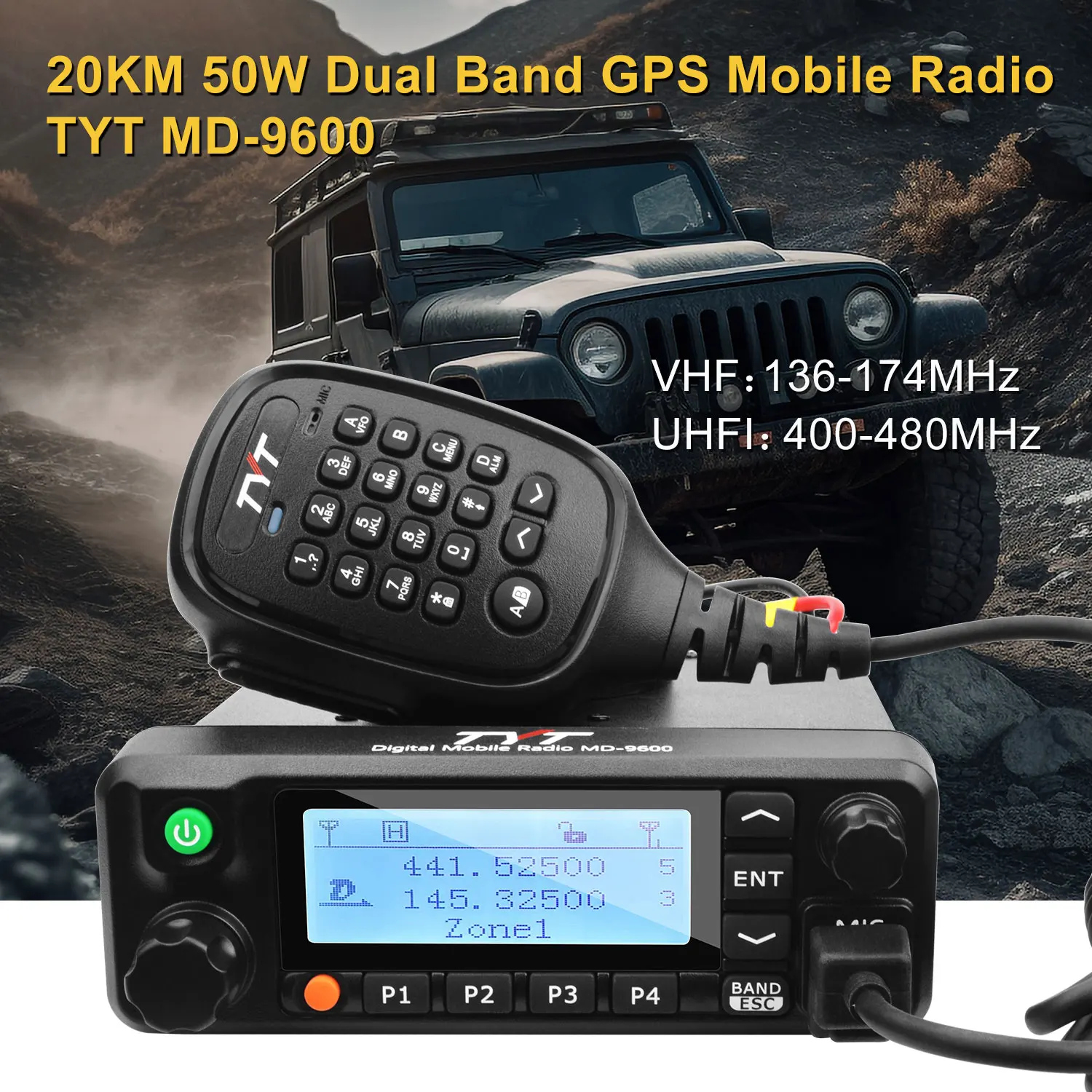 TYT Mobile Transceiver MD-9600 GPS VHF136-174MHz UHF400-480MHz Dual Band Voice Record VOX 50W DMR Digital & Analog Walkie Talkie