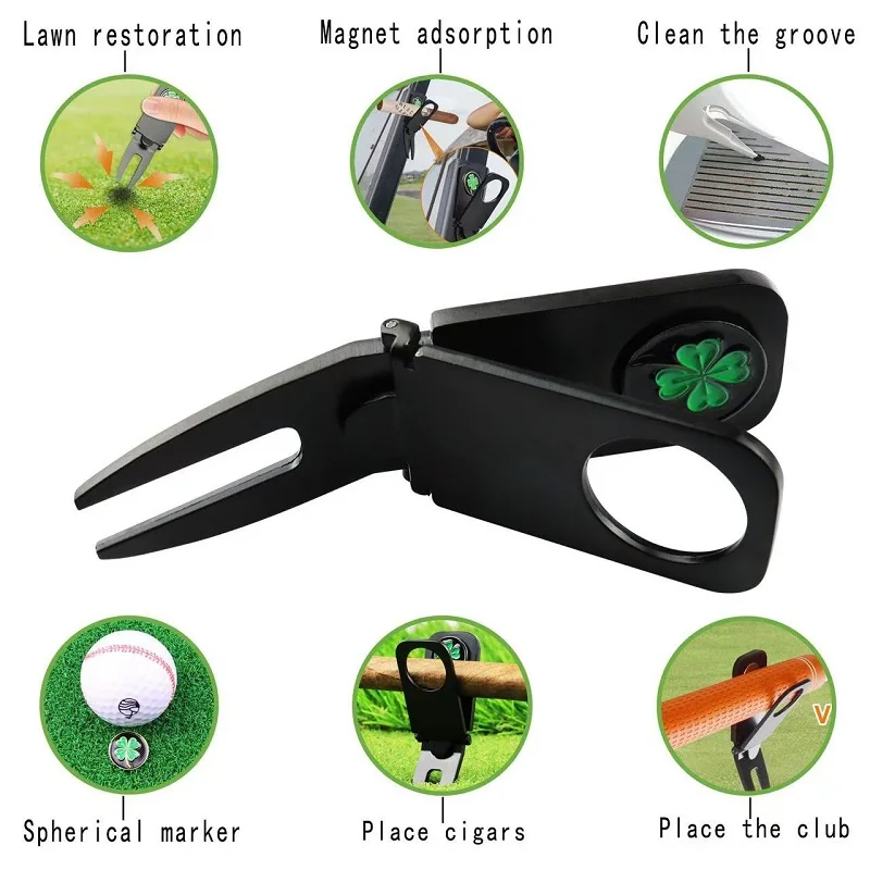 กอล์ฟ Divot ซ่อมเครื่องมือแม่เหล็กผู้ถือลูกกอล์ฟกอล์ฟผู้ถือซิการ์ใส่ส้อม PITCH Groove CLEANER อุปกรณ์กอล์ฟ Golf Mark