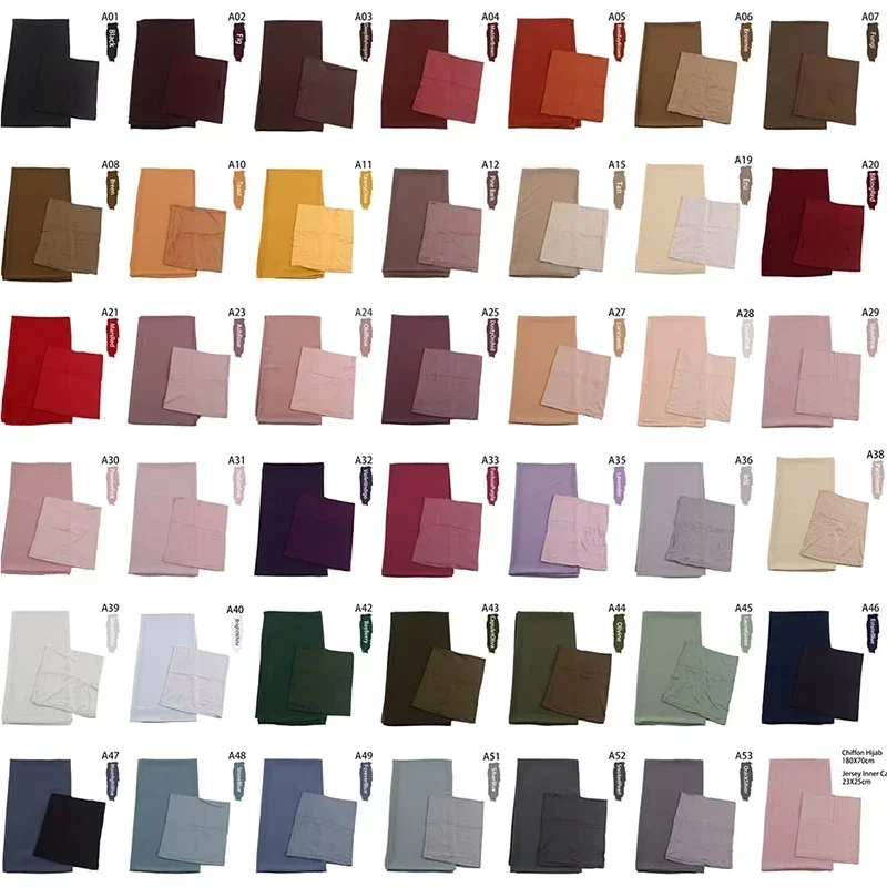 Chiffon hijab com boné interno combinando muçulmano hijab lenço chiffon longo xale com cor de jogo camisa tampas internas